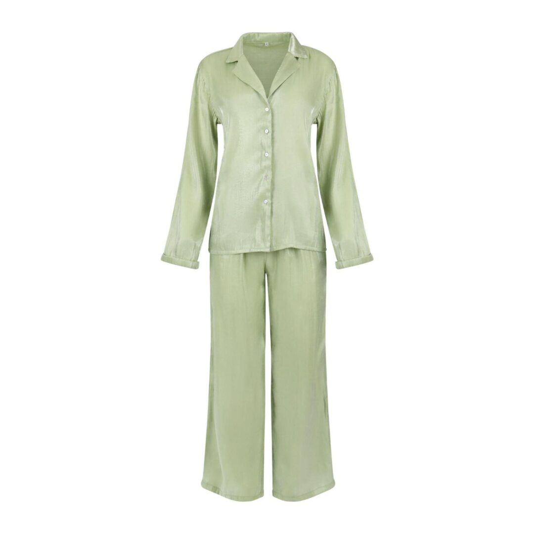 A light green silk pajamas set with long sleeves.