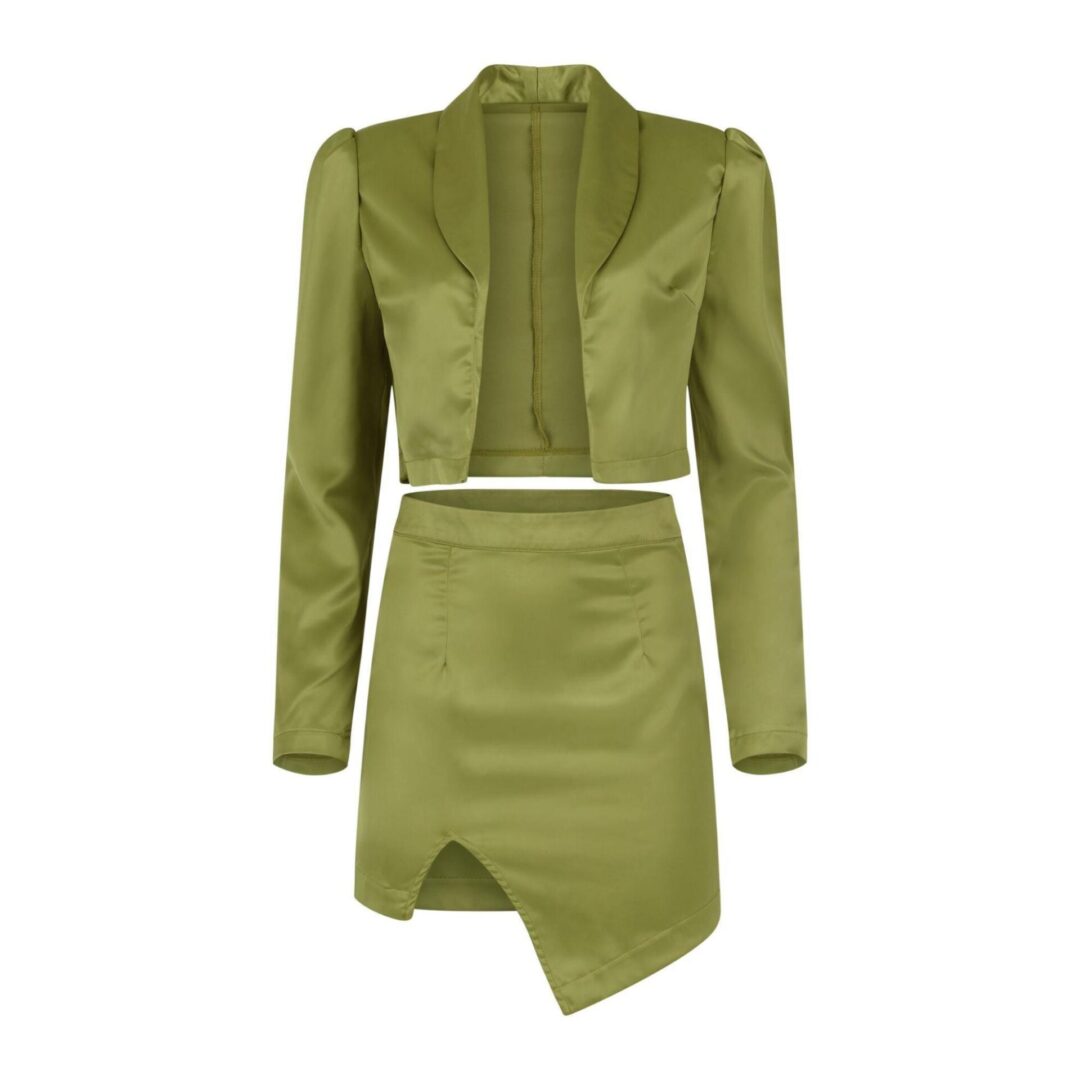 A green outfit with a jacket and skirt