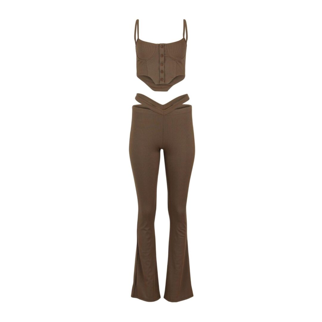 A brown outfit with a top and pants