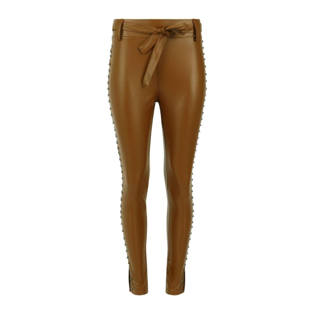 A pair of brown leather pants with decorative stitching.